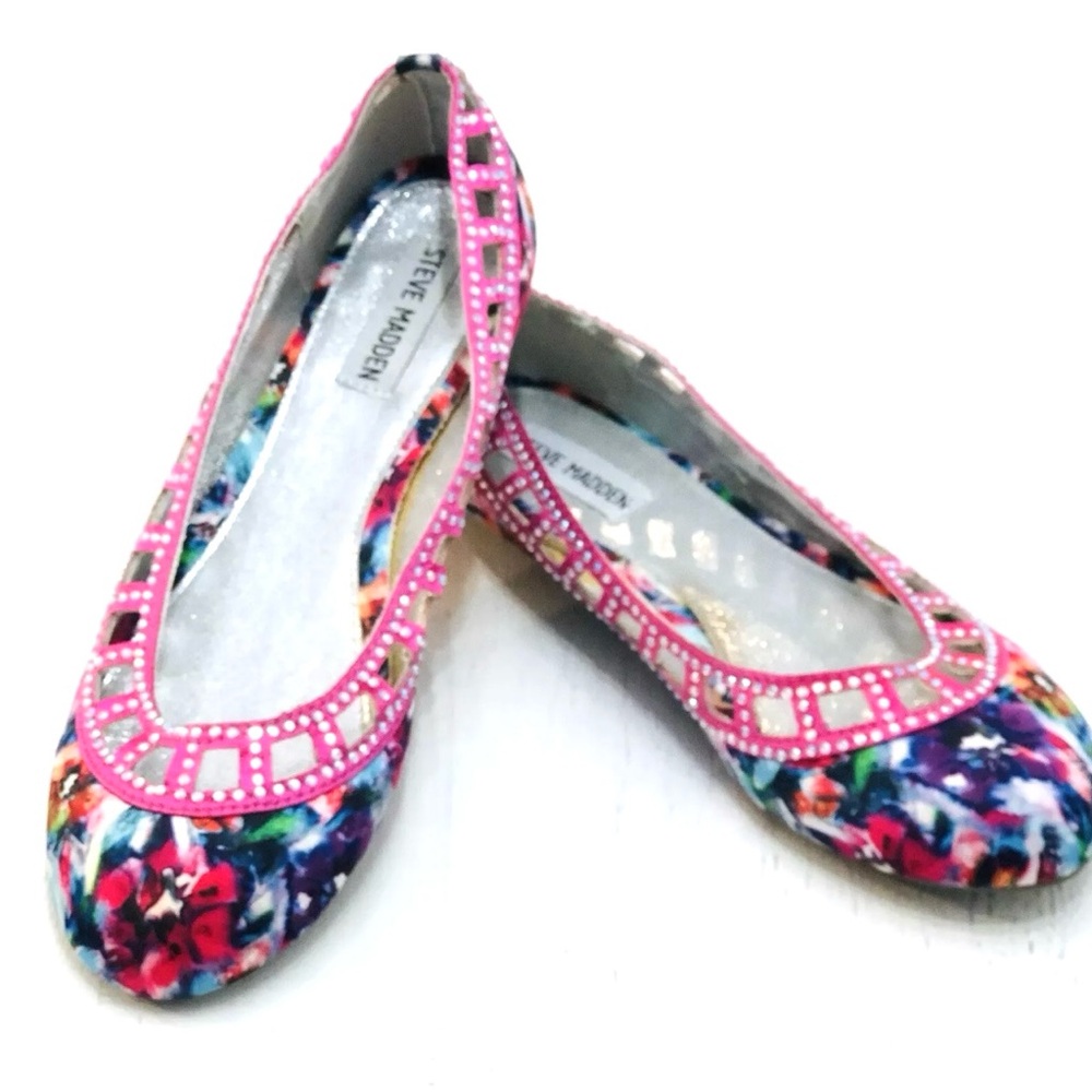 STEVE MADDEN Cutouts Floral Multi Rhinestone Pink Ballet Flats, Sz 5